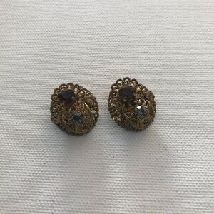 Vintage West Germany Brass Filigree Rhinestone Clip Earrings